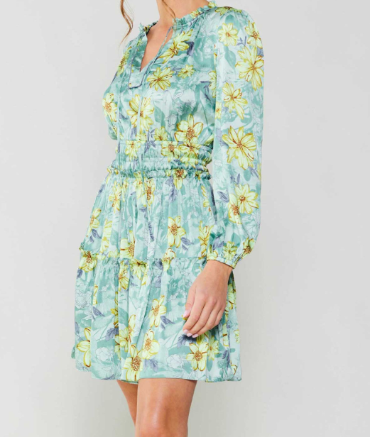 LONG-SLEEVE SPLIT NECK WITH SELF-TIE SHORT DRESS WITH RUFFLED DETAIL ON NECK & SKIRT / ELASTICIZED WAIST & CUFFS - MLT FLORAL