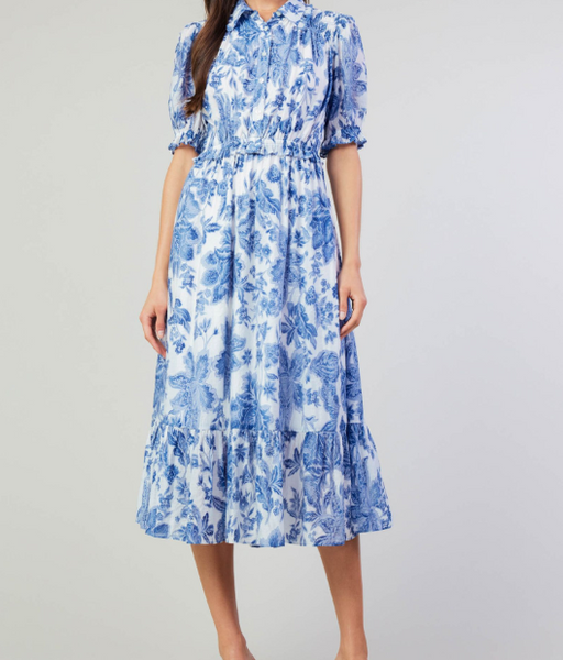 SHORT-SLEEVE MIDI DRESS - Blue Floral SHORT-SLEEVE MIDI DRESS - Blue Floral