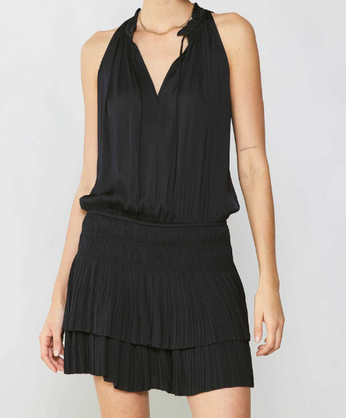Black smocked waist mini dress