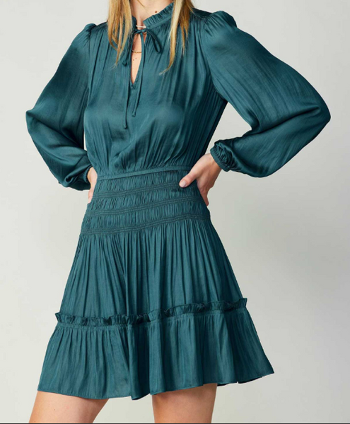 metallic pleated balloon sleeve mini dress Long Ballon Sleeve Mini Dress with Pleated & Smocked Detail on Skirt