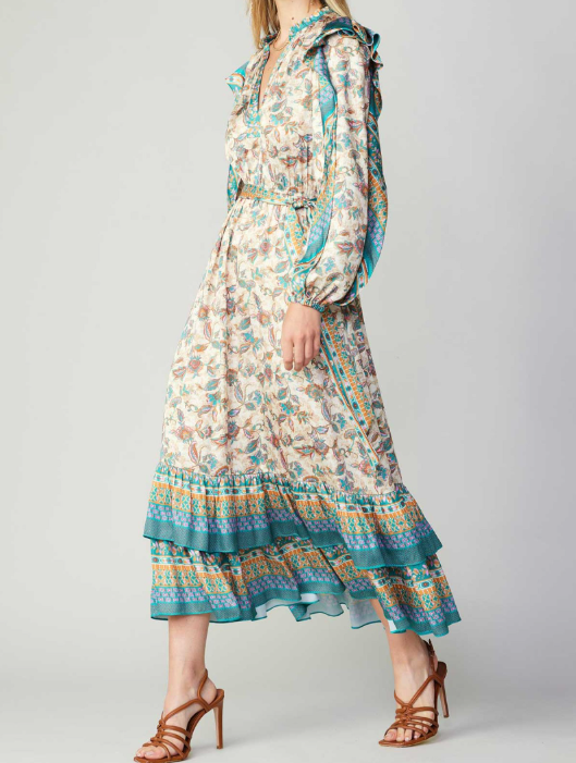 LONG-SLEEVE SPLIT NECK TIERED LONG DRESS WITH SELF TIE&RUFFLE DETAIL ON SHOULDER - PINK GREEN MLT