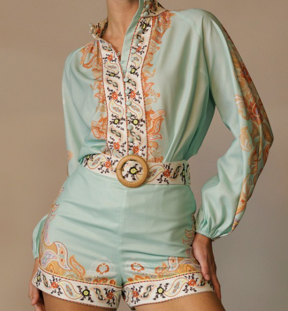 High Neck and Long Sleeve Button Down Paisley Boarder Print Blouse