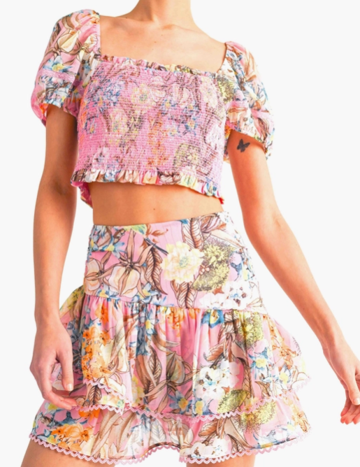 Karen Ruffle Skirt Set - Pink Multi Floral
