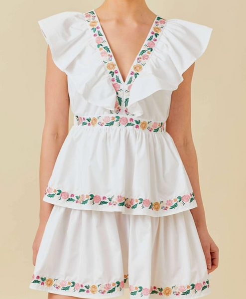 floral embroidered ruffle neck mini dress Farm Rio Floral Embroidered Mini Dress