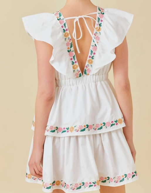 Flower Embroidery Ruffle Sleeve Mini Dress - White