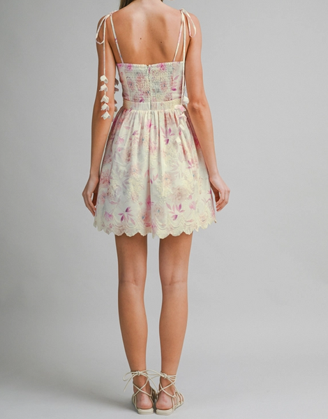 floral tie strap mini dress Cream Floral Print Pleated Hem Tie Strap Mini Dress