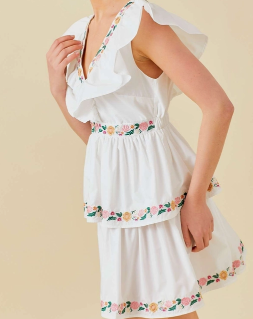 Flower Embroidery Ruffle Sleeve Mini Dress - White
