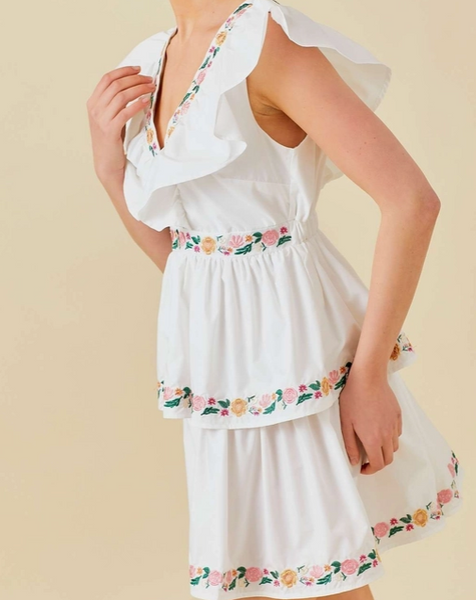 Flower Embroidery Ruffle Sleeve Mini Dress - White – The