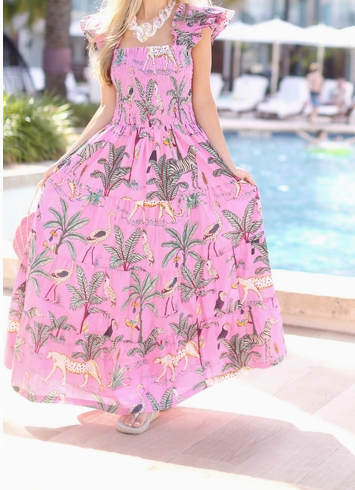 Resort Jungle Dress, Smocked, Block Print