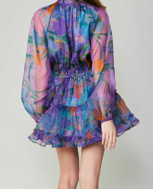 LONG-SLEEVE MINI TIERED DRESS WITH ELASTICIZED WAIST & RIBBON TIE AT THE FRONT - PURPLE FLORAL