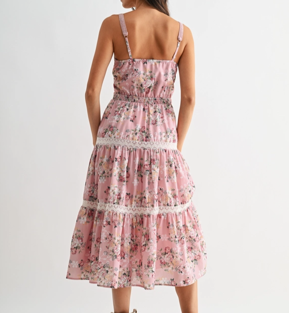 floral lace trim midi dress AUGUST SKY Women's Floral Tie Strap Midi Dress - Metallic