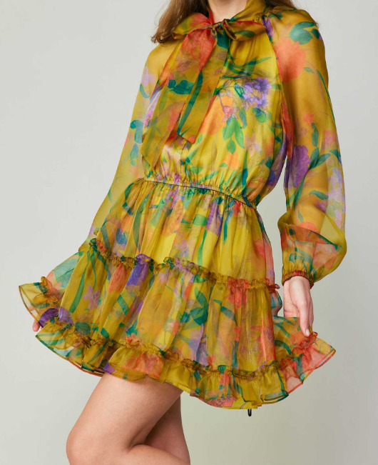 LONG-SLEEVE MINI TIERED DRESS WITH ELASTICIZED WAIST & RIBBON TIE AT THE FRONT - YELLOW FLORAL MLT