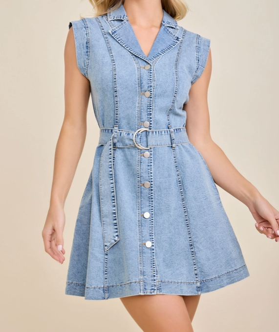 Belted Denim Mini Dress with Button Front & Collar