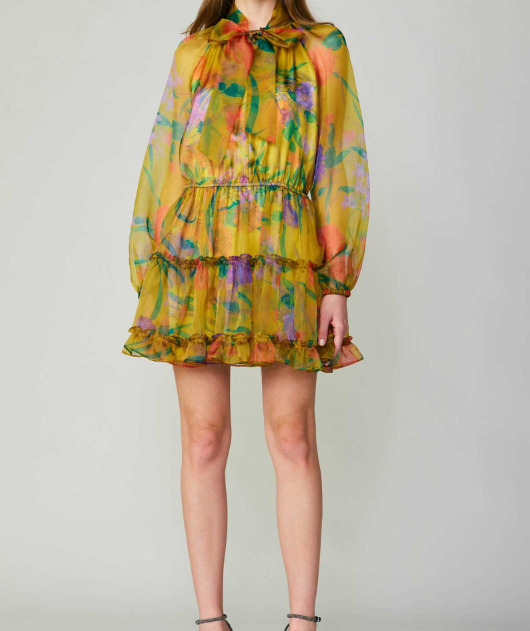 LONG-SLEEVE MINI TIERED DRESS WITH ELASTICIZED WAIST & RIBBON TIE AT THE FRONT - YELLOW FLORAL MLT