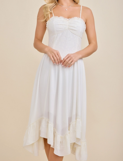 white bardot lace frill hem midi dress Marguerite White Lace Dip Hem Midaxi Dress Frock and Frill