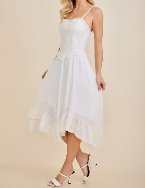 Romantic Lace Bodice Ruffle Midi Dress  Chiffon | White