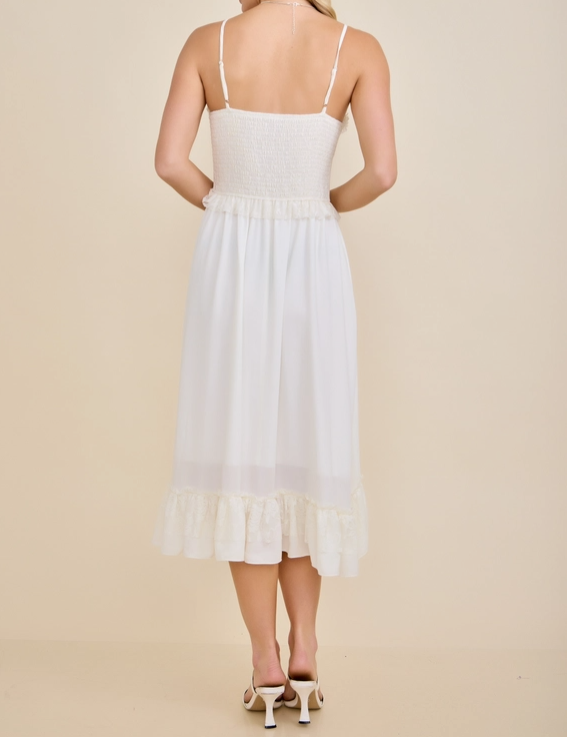 Romantic Lace Bodice Ruffle Midi Dress  Chiffon | White
