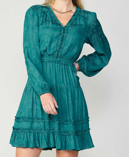 Long-Sleeve Split Neck Elasticized WASIT&CUFFS Mini Dress with Ruffled Detail on NECK&SHOULDER&HEM&WAIST - Teal Long-Sleeve Split Neck Elasticized WASIT&CUFFS Mini Dress with Ruffled Detail on NECK&SHOULDER&HEM&WAIST - Teal