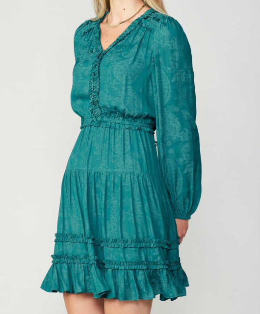 Long-Sleeve Split Neck Elasticized WASIT&CUFFS Mini Dress with Ruffled Detail on NECK&SHOULDER&HEM&WAIST - Teal Long-Sleeve Split Neck Elasticized WASIT&CUFFS Mini Dress with Ruffled Detail on NECK&SHOULDER&HEM&WAIST - Teal