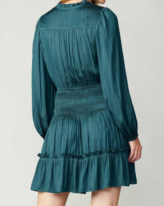 Long Ballon Sleeve Mini Dress with Pleated & Smocked Detail On Skirt - Dark Teal Long Ballon Sleeve Mini Dress with Pleated & Smocked Detail On Skirt - Dark Teal