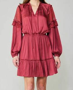 LONG-SLEEVE SPLIT NECK MINI DRESS WITH SELF TIE & RUFFLE DETAIL ON SHOULDER/SLEEVE/SKIRT WITH LACE CONTRAST ON SLEEVE - RASPBERRY