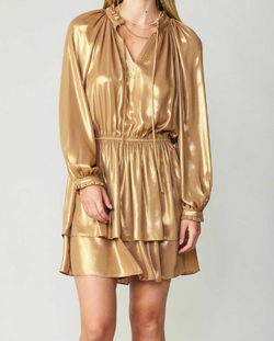 Long-Sleeve Split Neck with Ruffle NECK&CUFFS Detail Tiered Mini Dress - Gold Long-Sleeve Split Neck with Ruffle NECK&CUFFS Detail Tiered Mini Dress - Gold