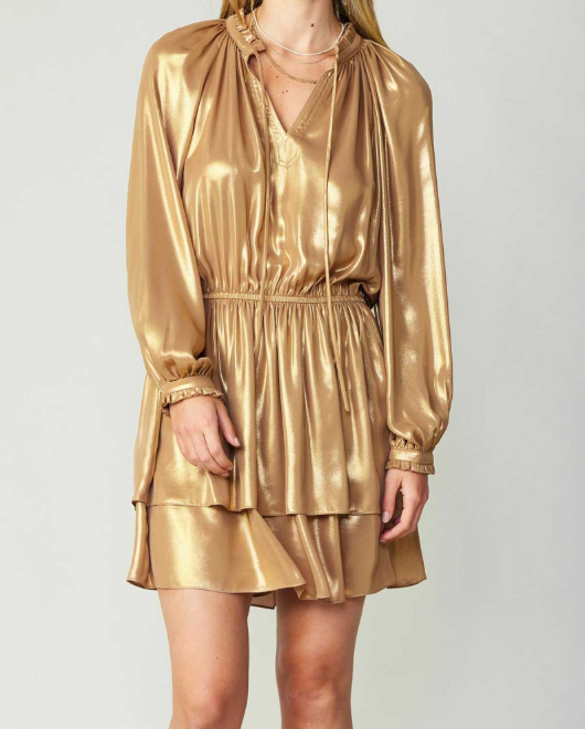 LONG-SLEEVE SPLIT NECK WITH RUFFLE NECK&CUFFS DETAIL TIERED MINI DRESS - GOLD