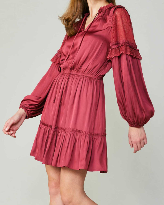 LONG-SLEEVE SPLIT NECK MINI DRESS WITH SELF TIE & RUFFLE DETAIL ON SHOULDER/SLEEVE/SKIRT WITH LACE CONTRAST ON SLEEVE - RASPBERRY