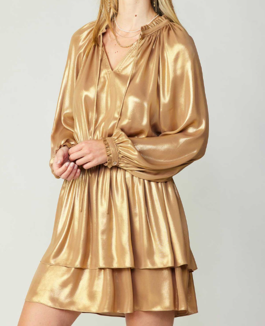 LONG-SLEEVE SPLIT NECK WITH RUFFLE NECK&CUFFS DETAIL TIERED MINI DRESS - GOLD
