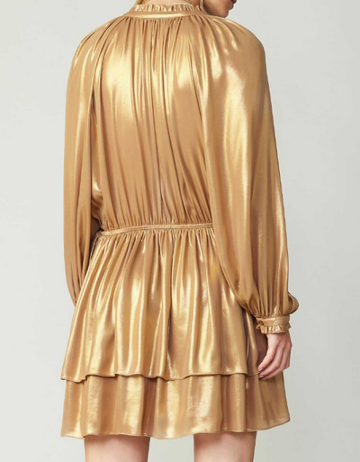 Long-Sleeve Split Neck with Ruffle NECK&CUFFS Detail Tiered Mini Dress - Gold Long-Sleeve Split Neck with Ruffle NECK&CUFFS Detail Tiered Mini Dress - Gold
