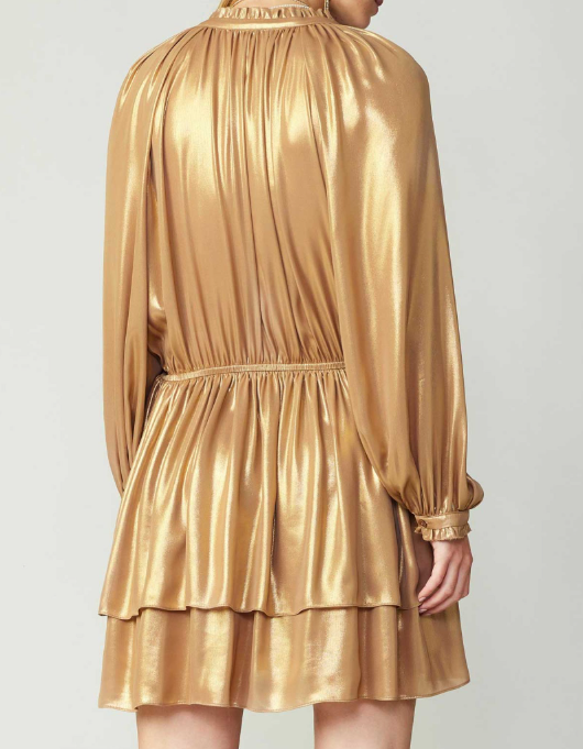 Long-Sleeve Split Neck with Ruffle NECK&CUFFS Detail Tiered Mini Dress - Gold Long-Sleeve Split Neck with Ruffle NECK&CUFFS Detail Tiered Mini Dress - Gold