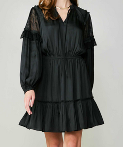 LONG-SLEEVE SPLIT NECK MINI DRESS WITH SELF TIE & RUFFLE DETAIL ON SHOULDER/SLEEVE/SKIRT WITH LACE CONTRAST ON SLEEVE - BLACK