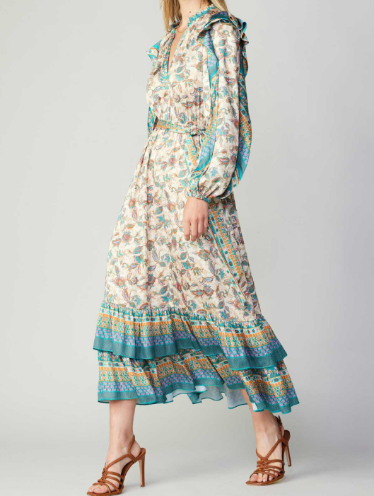 Long-Sleeve Split Neck Tiered Long Dress with Self TIE&RUFFLE Detail On Shoulder - Pink Green MLT Long-Sleeve Split Neck Tiered Long Dress with Self TIE&RUFFLE Detail On Shoulder - Pink Green MLT