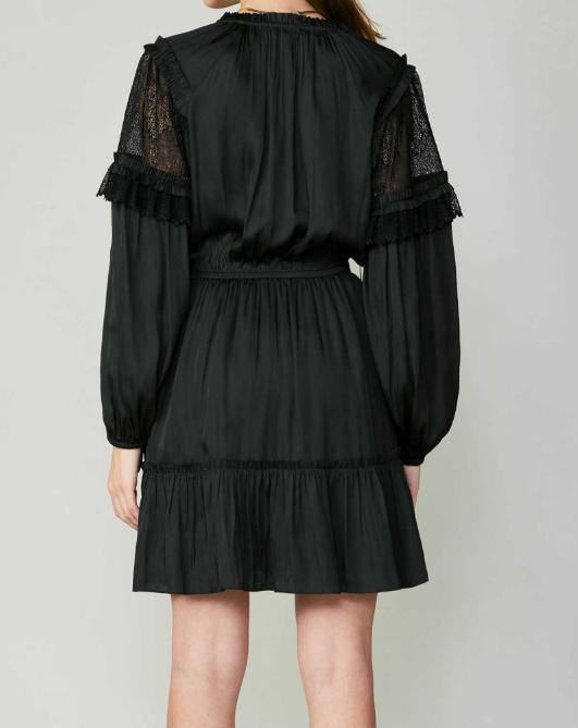 LONG-SLEEVE SPLIT NECK MINI DRESS WITH SELF TIE & RUFFLE DETAIL ON SHOULDER/SLEEVE/SKIRT WITH LACE CONTRAST ON SLEEVE - BLACK