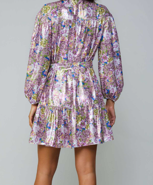 LONG SLEEVE FLORAL FOIL FABRIC ONE-TIERED SKIRT CREW NECK DRESS WITH SELF-TIE GATHERED YORK SHOULDER DETAIL