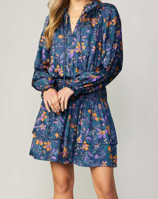 LONG-SLEEVE V- NECK DRESS WITH RUFFLED CUFFS AND SPECIAL SMOCKED DETAIL TWO-TIERED SKIRT - NAVY MLT