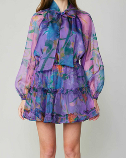 LONG-SLEEVE MINI TIERED DRESS WITH ELASTICIZED WAIST & RIBBON TIE AT THE FRONT - PURPLE FLORAL