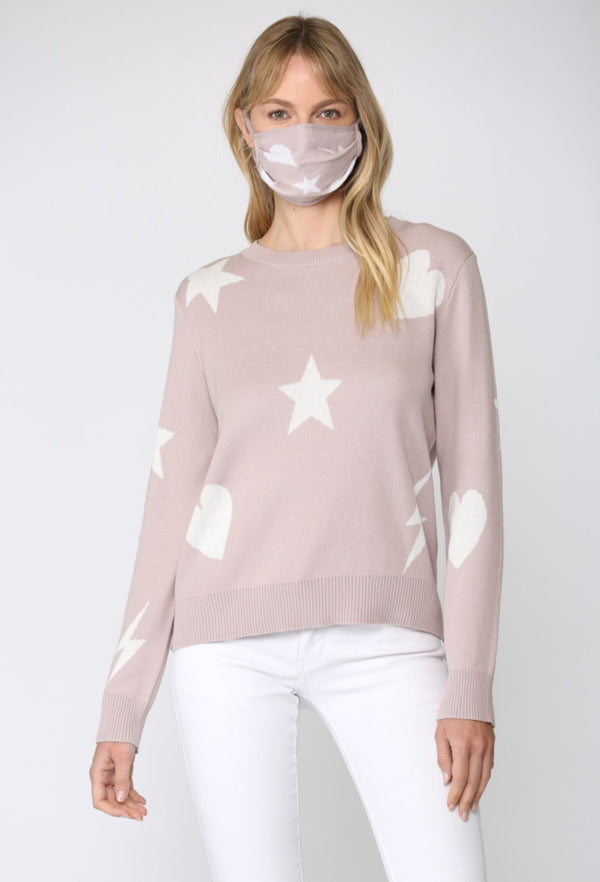 STAR, HEART, LIGHTNING PRINT DISTRESSED SWEATER with MATCHING MASK