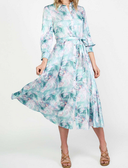ABSTRACT PRINTED BUTTON-DOWN SHIRT MIDI DRESS WITH SELF-TIE BELT - OCEAN MULTI
