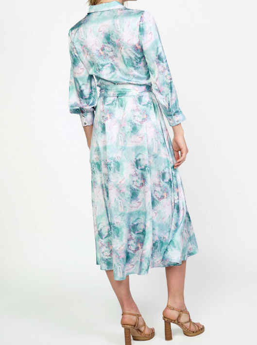 ABSTRACT PRINTED BUTTON-DOWN SHIRT MIDI DRESS WITH SELF-TIE BELT - OCEAN MULTI