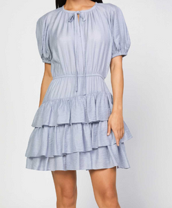 Paneled Short Sleeve Split Neck Elasitc Waisted Asymmetrical Ruffled Mini Dress with Self Neck Tie - Light Grey Paneled Short Sleeve Split Neck Elasitc Waisted Asymmetrical Ruffled Mini Dress with Self Neck Tie - Light Grey