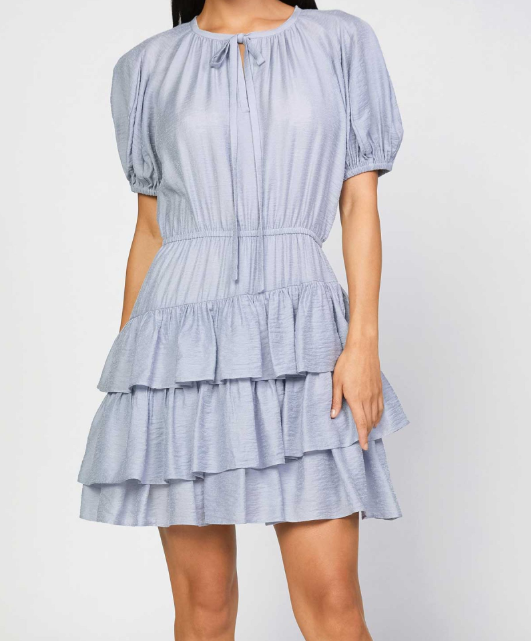 Paneled Short Sleeve Split Neck Elasitc Waisted Asymmetrical Ruffled Mini Dress with Self Neck Tie - Light Grey Paneled Short Sleeve Split Neck Elasitc Waisted Asymmetrical Ruffled Mini Dress with Self Neck Tie - Light Grey