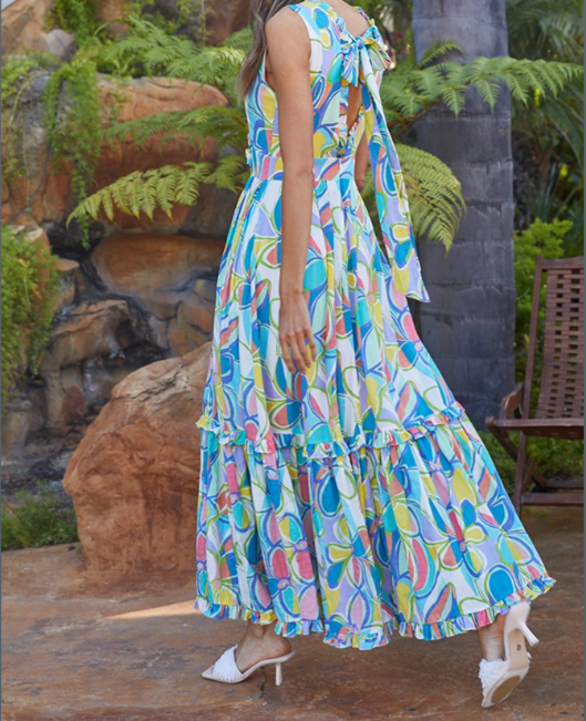 ABSTRACT PRINT DEEP V-NECK WITH SASH TIE ON THE BACK MAXI DRESS