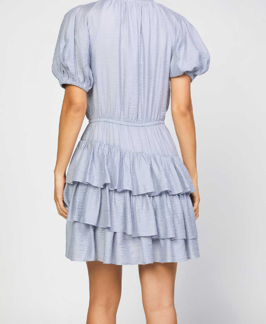 Paneled Short Sleeve Split Neck Elasitc Waisted Asymmetrical Ruffled Mini Dress with Self Neck Tie - Light Grey Paneled Short Sleeve Split Neck Elasitc Waisted Asymmetrical Ruffled Mini Dress with Self Neck Tie - Light Grey