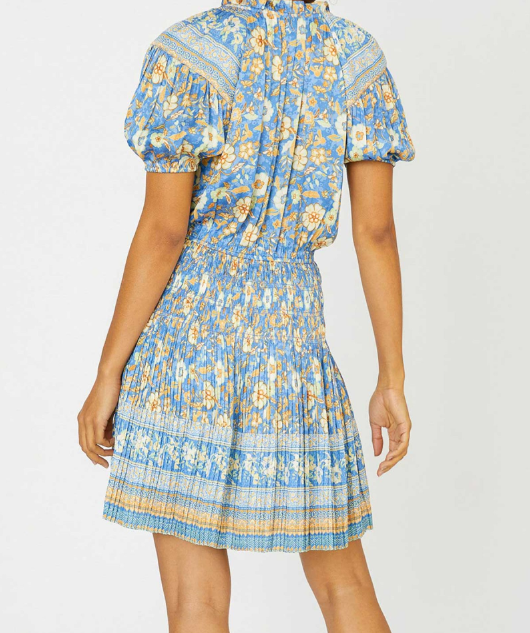 BORDER PRINTED SHORT SLEEVE RUFFLED SPLIT NECK WITH TIE MINI DRESS WITH PLEATS AND SMOCKING - BLUE SAND