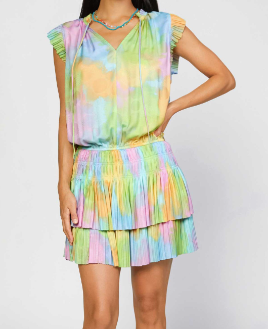 MINI DRESS WITH PLEATED SKIRT & SHORT SLEEVE - COTTON CANDY