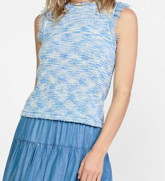 SLEEVELESS SPACE-DYED SWEATER WITH CONTRAST LACE TRIM - BLUE