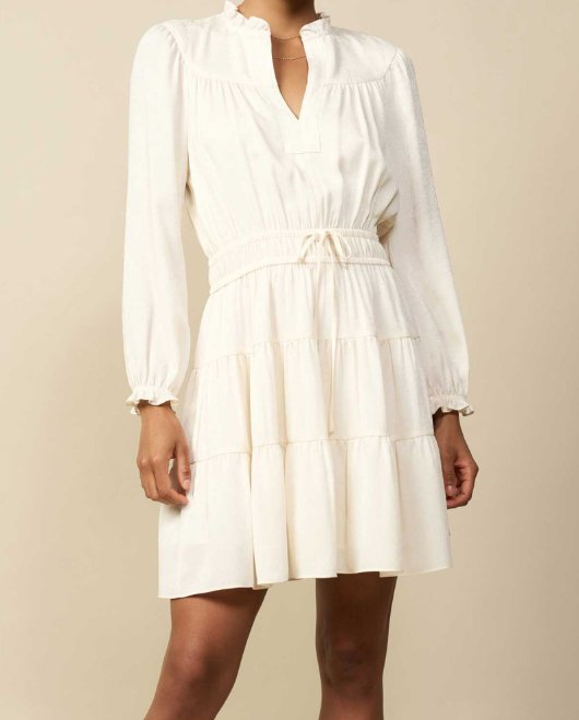 LONG SLEEVE RUFFLED SPLIT NECK ABOVE KNEE DRESS WITH ELASTICIZED WAIST AND THREE TIERED SKIRT - IVORY
