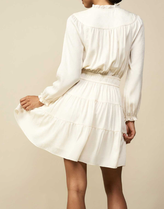 LONG SLEEVE RUFFLED SPLIT NECK ABOVE KNEE DRESS WITH ELASTICIZED WAIST AND THREE TIERED SKIRT - IVORY