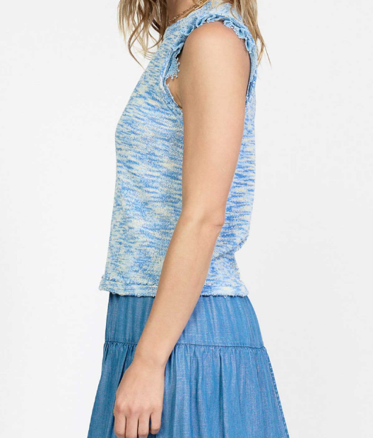 SLEEVELESS SPACE-DYED SWEATER WITH CONTRAST LACE TRIM - BLUE
